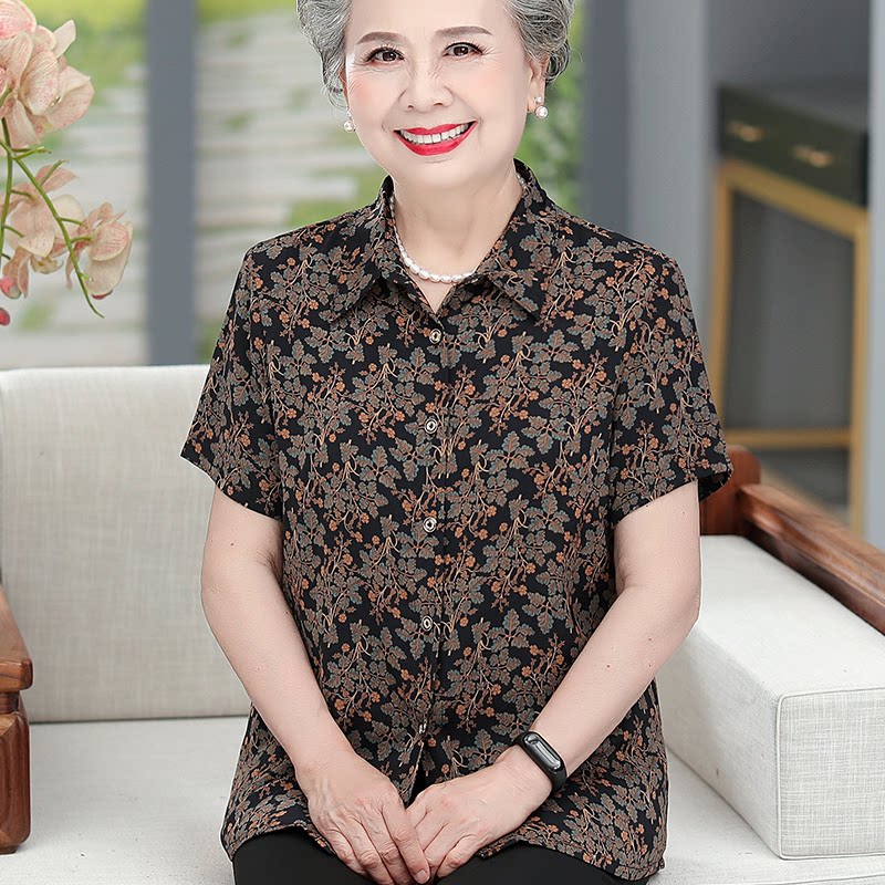 中老年妈妈桑蚕丝碎花长袖衬衫