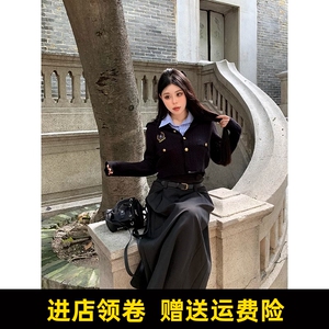 黑泽玄七微胖mm2023早秋新款学院风套装减龄遮肚子显瘦半身长裙女