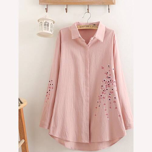 春季大码女装中长款刺绣棉麻衬衣女2025胖MM宽松时尚大码衬衣女