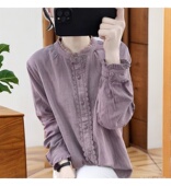 宽松复古立领打底衬衫 荷叶袖 女蕾丝拼接上衣2023春季 衬衫 棉麻长袖