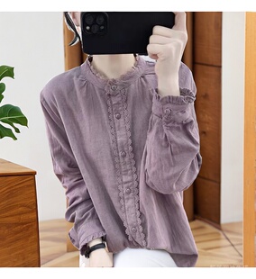 宽松复古立领打底衬衫 荷叶袖 女蕾丝拼接上衣2023春季 衬衫 棉麻长袖