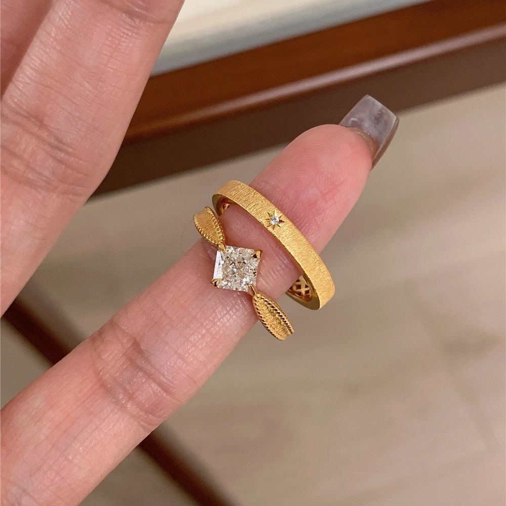 拉丝方糖锆石戒指女小众设计高级感轻奢开口可调节中古叠戴指环潮