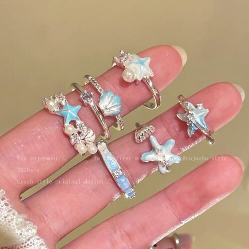 蓝色海星贝壳戒指女ins小众设计开口可调节食指戒海边度假风指环