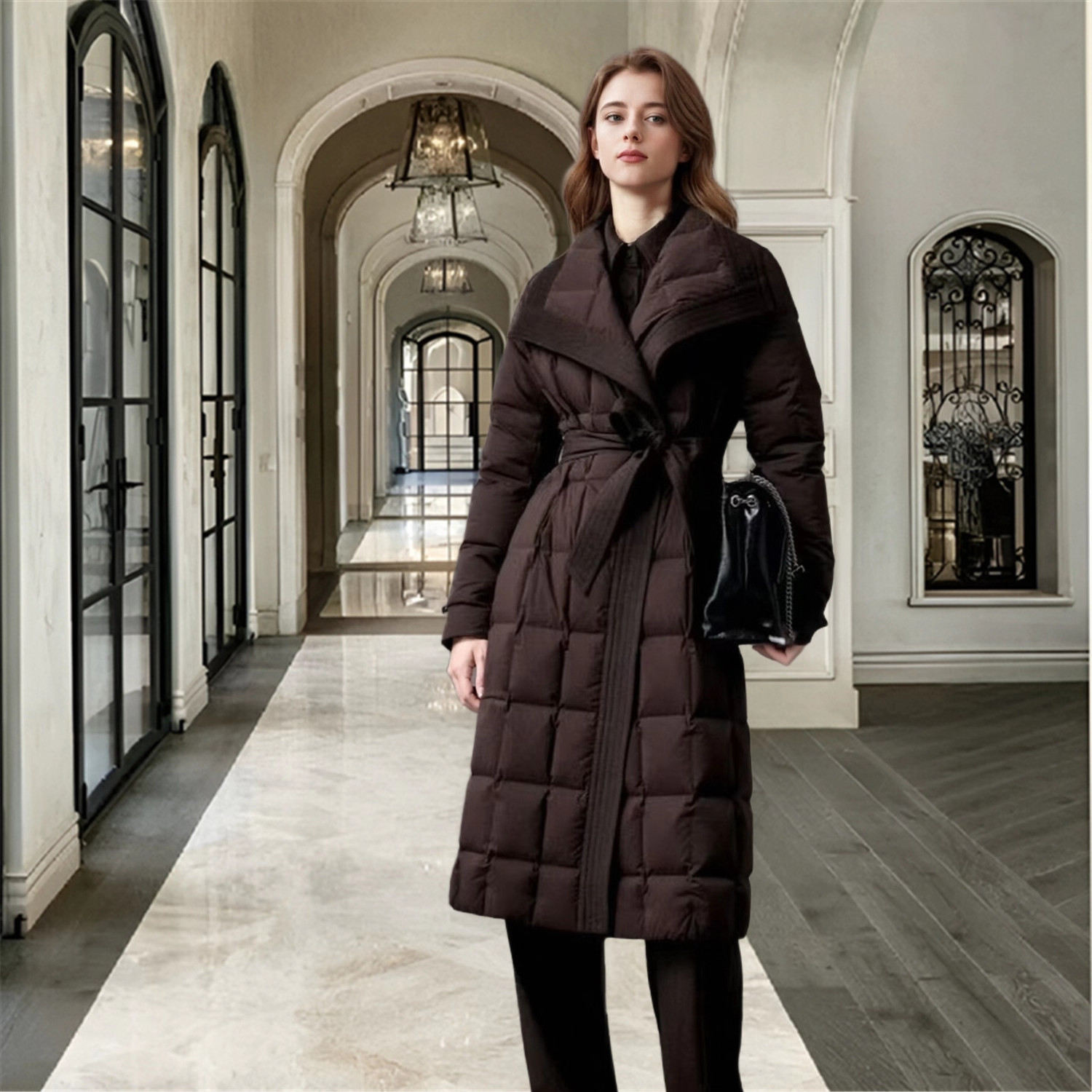 高端羽绒服女长款2025冬巨好看冬装大牌时尚翻领系带90白鸭绒外套