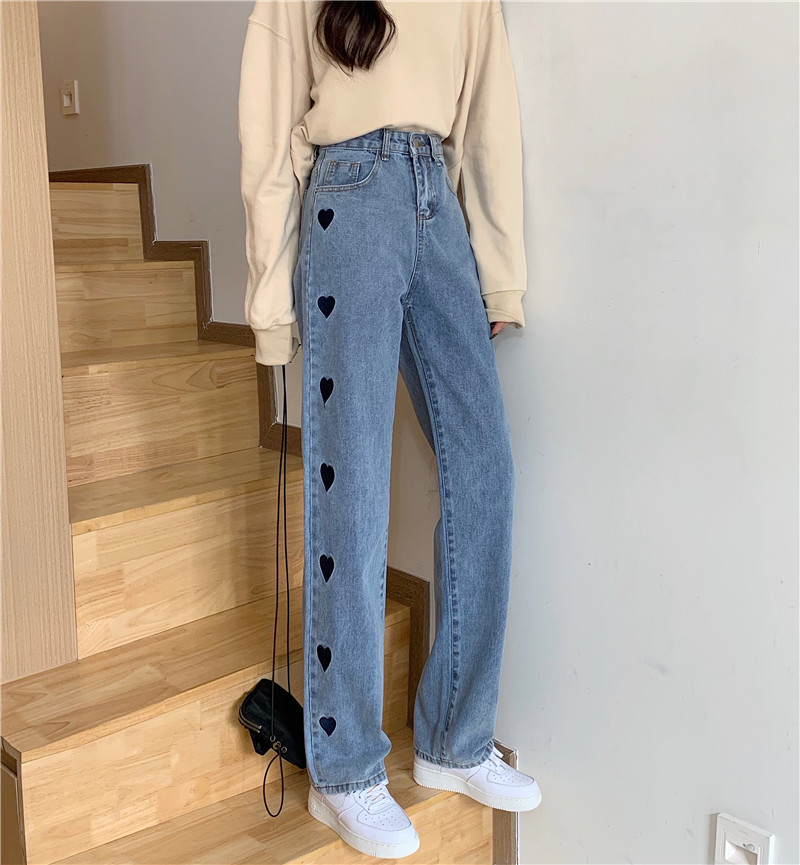 Real shot real price new retro Hong Kong style design sense of love high waist show thin broad leg mop floor denim pants woman