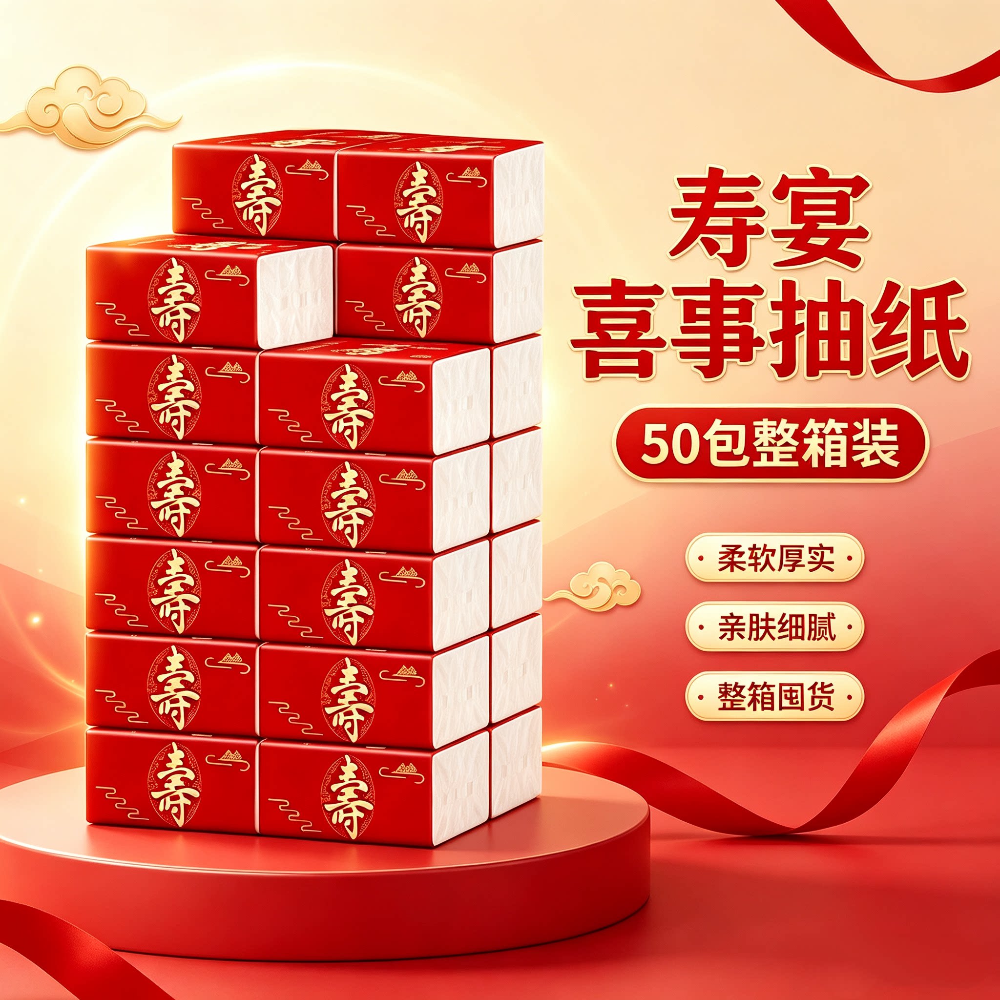 红色祝寿生日加厚寿字抽纸