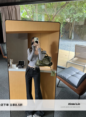 Xinlei Lin “漫画腿精”480g高克重黑色微喇休闲裤长裤女秋季