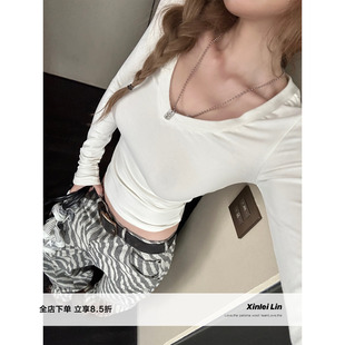 羊脂玉棉磨毛V领长袖 Xinlei lady casual T恤女秋冬上衣 Lin