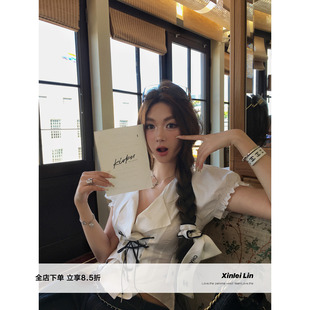 Lin 衬衫 玛格丽特 后收腰绑带刺绣泡泡袖 上衣 中古西 Xinlei