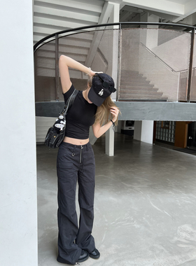 Xinlei Lin “美式辣工装”灰色微喇低腰休闲工装裤女春夏长裤