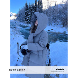 双色带帽围巾长款 雪地战甲 90白鸭绒羽绒服女外套 Lin Xinlei