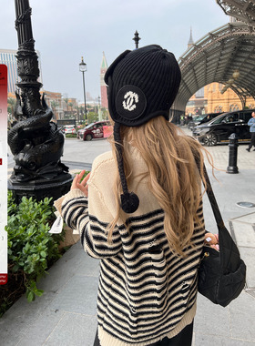 Xinlei Lin 条纹收藏家 acn*  做旧破洞圆领羊毛中长款套头毛衫