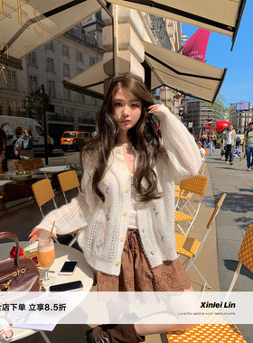 Xinlei Lin“似花非雾”手工立体钩花镂空马海毛羊毛薄开衫外套