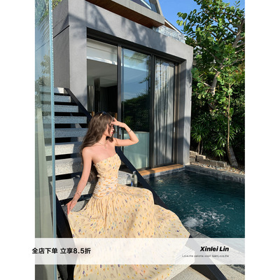 XinleiLin双色压褶抹胸连衣裙