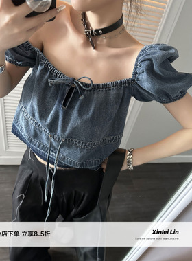 Xinlei Lin 夏新款甜辣双休套头蓝色可调节泡泡袖短袖牛仔上衣女