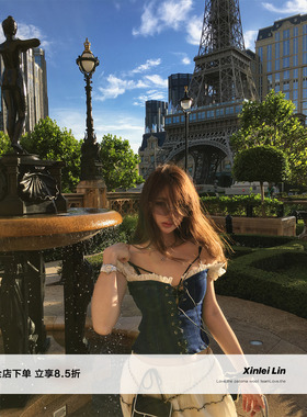 Xinlei Lin“玛格丽特”微辣绑带法式复古牛仔印花拼接上衣/半裙