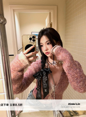 Xinlei Lin 自制绵羊毛花纱混纺撞色短款毛衫长袖显瘦春季上衣女