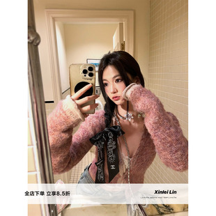 Lin 显瘦春季 自制绵羊毛花纱混纺撞色短款 长袖 上衣女 毛衫 Xinlei