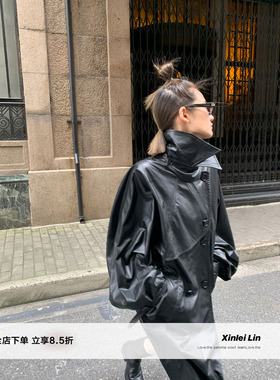 Xinlei Lin 卡其色风衣外套女秋冬中长款高级感黑色皮衣休闲大衣
