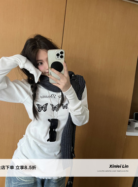 Xinlei Lin “蝴蝶谷”华夫格不规则蝴蝶印花长袖T恤女秋季上衣