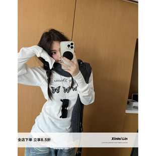 T恤女秋季 Xinlei 华夫格不规则蝴蝶印花长袖 蝴蝶谷 上衣 Lin