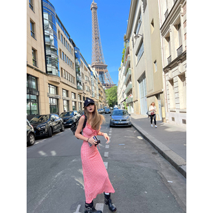 Xinlei Lin 仲夏浮梦 夏日粉色格子吊带连衣裙女春夏长款裤子