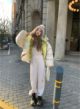 Xinlei Lin “奶里奶气”白色毛呢直筒背带裤休闲裤女春新款