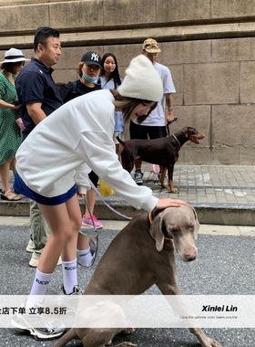 Xinlei Lin 灰色圆领套头卫衣女春秋韩版宽松休闲短裤套装情侣装