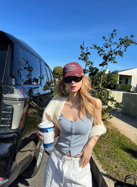 Xinlei Lin 海盐黑莓 D*es*l高克重炒雪花水洗坑条肌理针织吊带