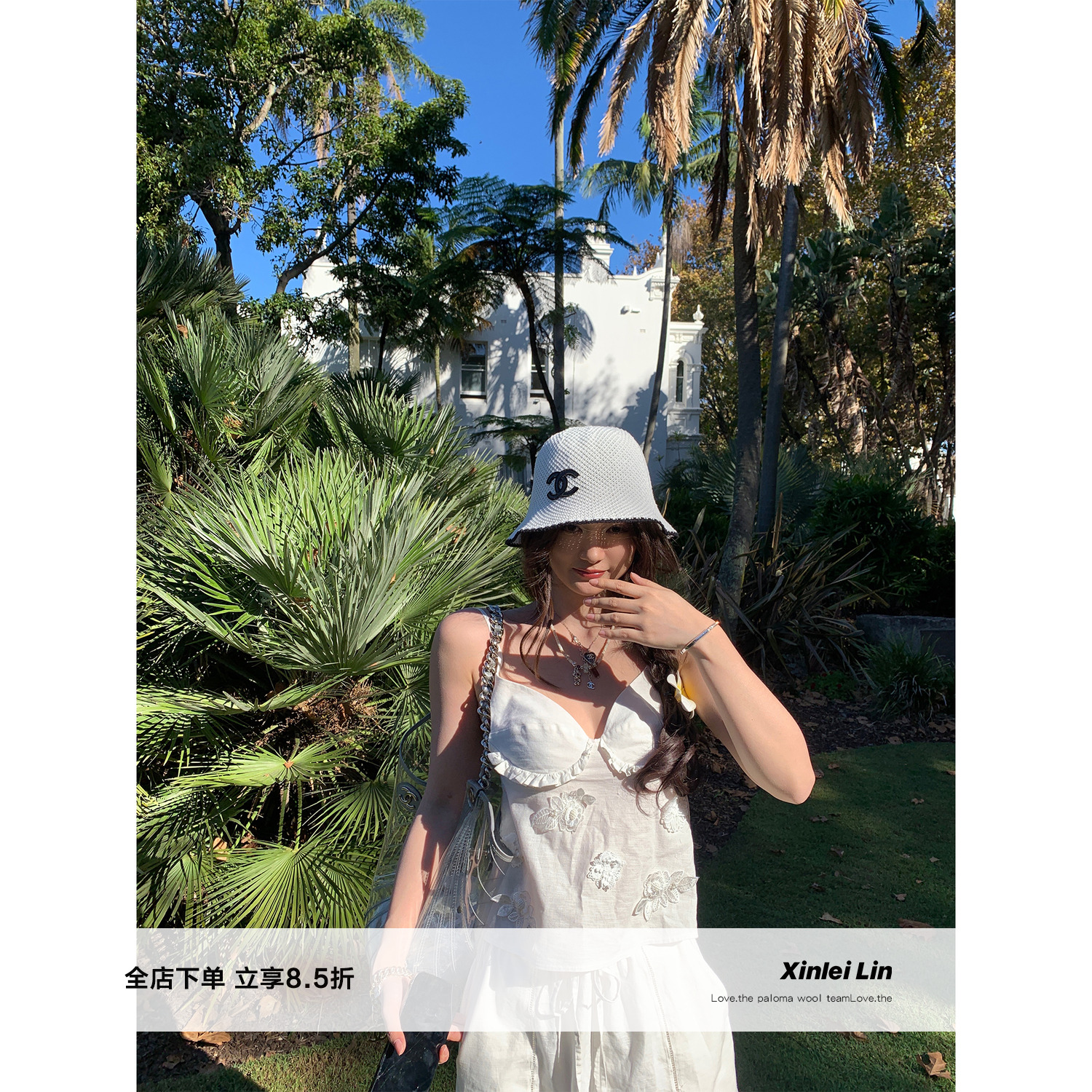 XinleiLin花朵吊带亚麻休闲裤