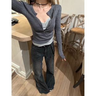 打底T恤上衣女春夏 时髦精纸片人双色羊毛长袖 Xinlei Lin