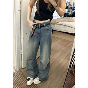 长裤 Xinlei 水洗中高腰休闲牛仔裤 嬉皮褶褶直筒裤 女春夏 Lin