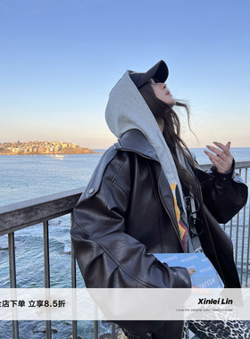 Xinlei Lin “布鲁克街区”复古哑光纹理皮衣女廓形外套秋冬新款