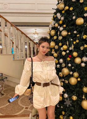 Xinlei Lin 滨海漫游 度假感一字肩斜肩多穿竹节棉休闲日常衬衫裙