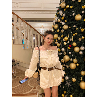 Xinlei Lin 滨海漫游 度假感一字肩斜肩多穿竹节棉休闲日常衬衫裙