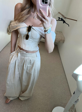 Xinlei Lin 比弗利山庄 苎麻莱赛尔棉/牛仔一字肩鱼骨上衣阔腿裤