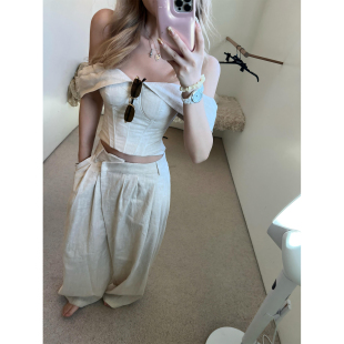 牛仔一字肩鱼骨上衣阔腿裤 Xinlei 苎麻莱赛尔棉 比弗利山庄 Lin