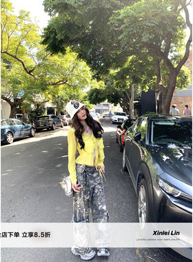 Xinlei Lin “铿锵玫瑰”op*n y*玫瑰迷彩宽松松紧腰工装裤长裤女