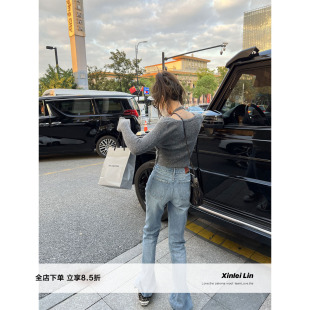 休闲裤 Xinlei 中高腰蓝色细节微喇破洞直筒牛仔长裤 新款 Lin