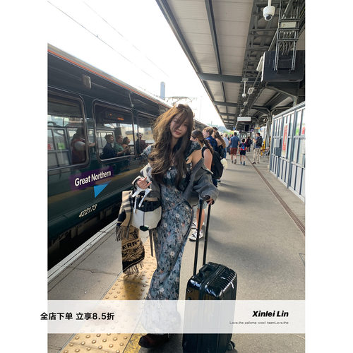 XinleiLin深色碎花连衣裙长裙