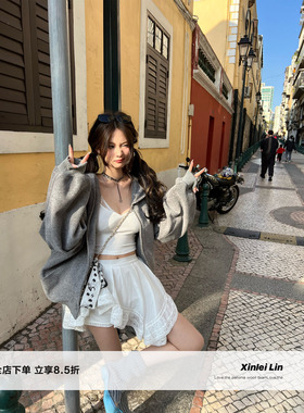 Xinlei Lin “白芭蕾舞匣”白色不对称亚麻纯欲风拼接蕾丝半裙