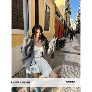 白色不对称亚麻纯欲风拼接蕾丝半裙 白芭蕾舞匣 Xinlei Lin