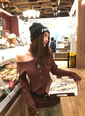 Xinlei Lin“少女与诗”私物m*6斜肩坑条长袖针织衫毛衫套头打底