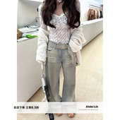 Lin 女新款 雾霾蓝调 牛仔裤 猫须纹水洗工艺腰带长款 Xinlei