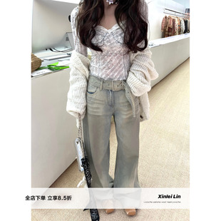 Lin 女新款 雾霾蓝调 牛仔裤 猫须纹水洗工艺腰带长款 Xinlei