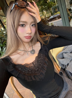 Xinlei Lin 罗曼莉丝 法式甜美蕾丝花边坑条肌理长袖打底衫上衣