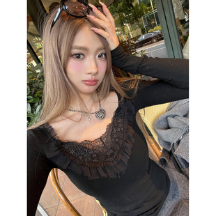 Lin 打底衫 罗曼莉丝 甜美蕾丝花边坑条肌理长袖 上衣 法式 Xinlei