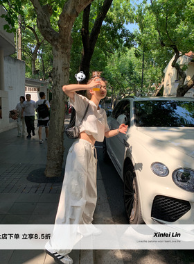 Xinlei Lin 新款夏季清爽水洗全棉透气白色休闲工装裤降落伞裤子