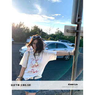 3色慵懒休闲字母长袖 松弛配方 T恤女春夏百搭上衣 Lin Xinlei