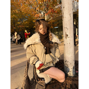 派克短款 Xinlei 大翻领羊卷毛白鹅绒工装 暖冬密码 羽绒服外套 Lin